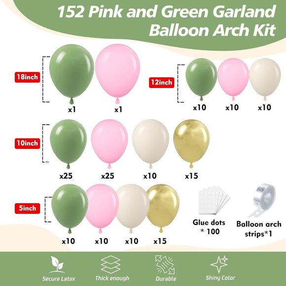 152Pcs Pink and Green Balloon Garland Arch Kit - Sage Green and Pink White Sand - Picture 2 of 6